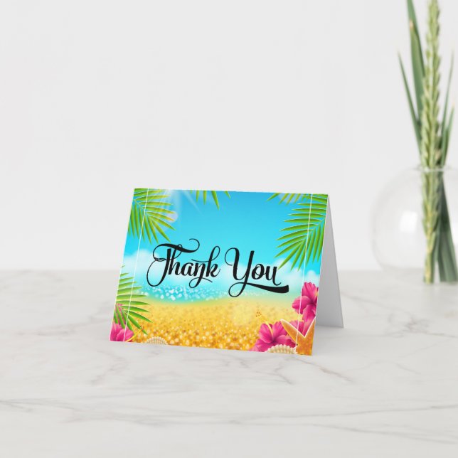 Tropical Beach Pink Hibiscus Thank You Card (Front)