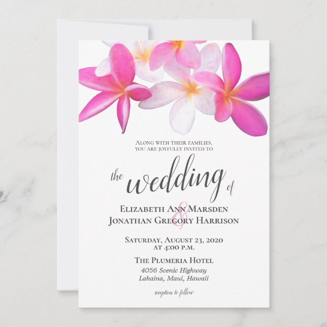 Tropical Beach Pink Plumeria Floral Destination Invitation (Front)