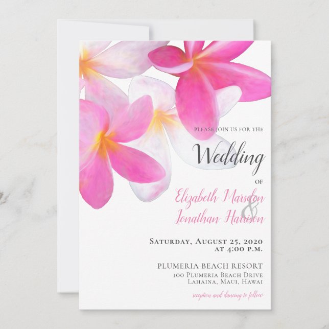Tropical Beach Pink Plumeria Floral Hawaii Wedding Invitation (Front)