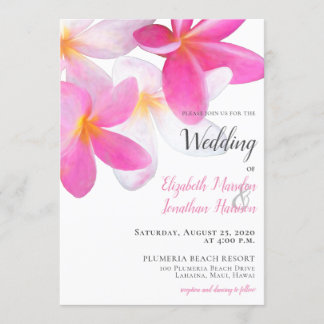 Tropical Beach Pink Plumeria Floral Hawaii Wedding Invitation