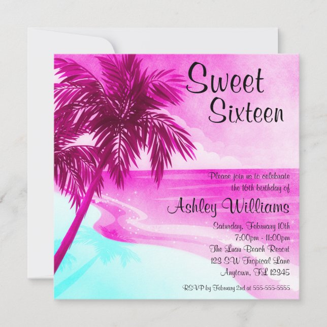Tropical Beach Pink Sweet 16 Birthday Invitations (Front)