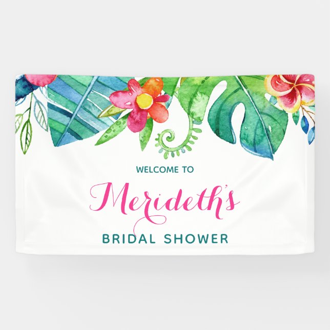Tropical Beach Pink Teal Floral Bridal Shower Banner (Horizontal)