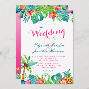 Tropical Beach Pink Teal Floral Ombre Wedding Invitation