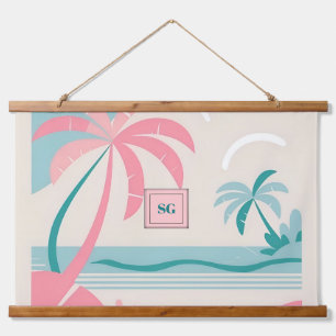 Tropical beach pink teal palm trees hanging tapestry