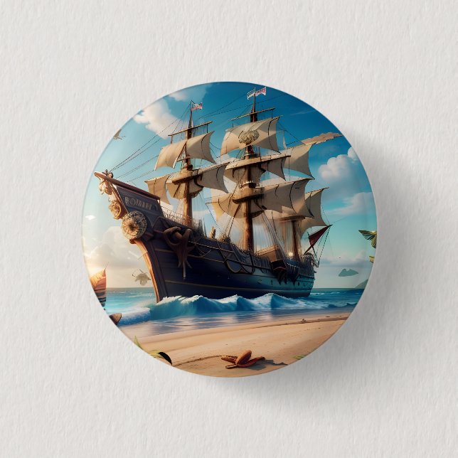 Tropical Beach Pirate Ship 3 Cm Round Badge (Front)