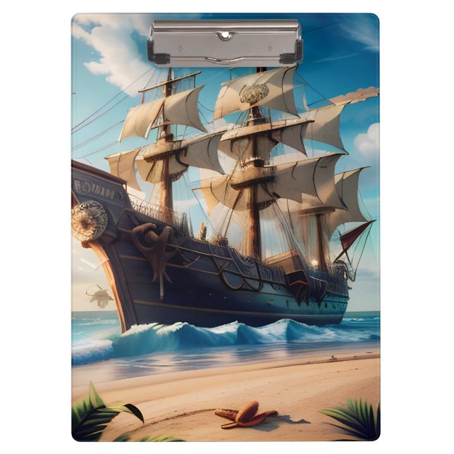 Tropical Beach Pirate Ship Clipboard (Front)