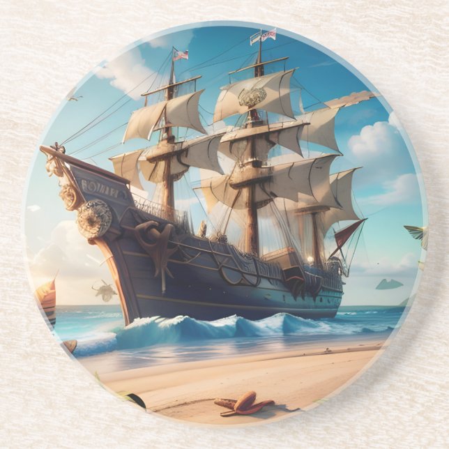 Tropical Beach Pirate Ship Coaster (Front)