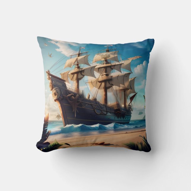 Tropical Beach Pirate Ship Cushion (Front)
