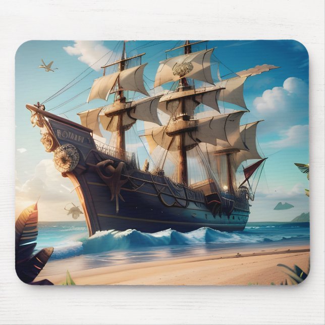 Tropical Beach Pirate Ship Mouse Pad (Front)