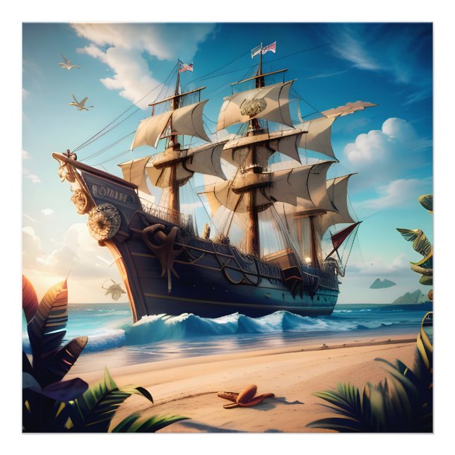 Tropical Beach Pirate Ship Photo Print (Front)