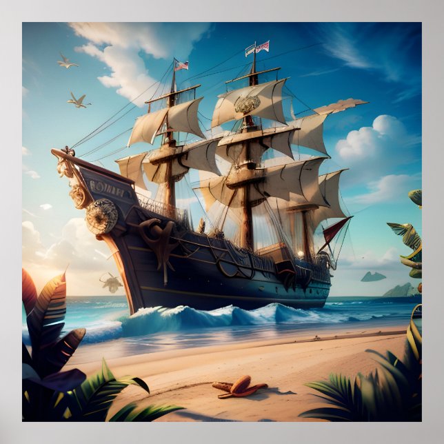Tropical Beach Pirate Ship Poster (Front)