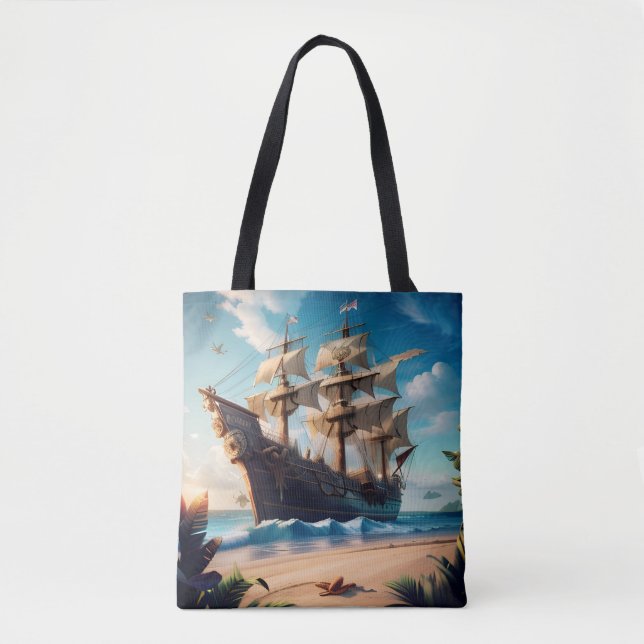 Tropical Beach Pirate Ship Tote Bag (Front)