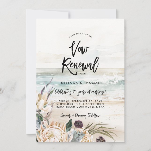 tropical beach protea vow renewal invitation (Front)