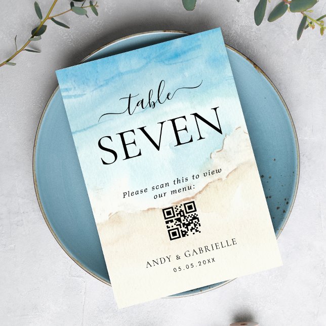 Tropical Beach QR Code Wedding Menu Table Number (Creator Uploaded)