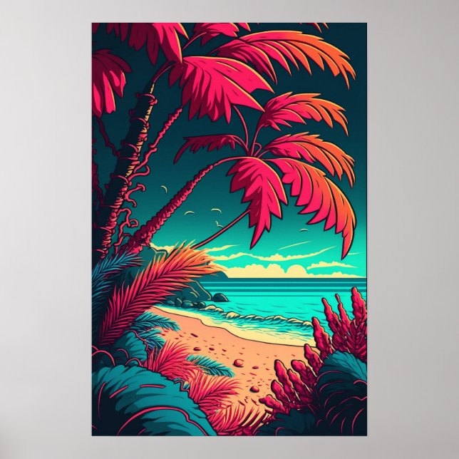 Tropical Beach Rustic Elegant Red Green Orange Poster (Front)