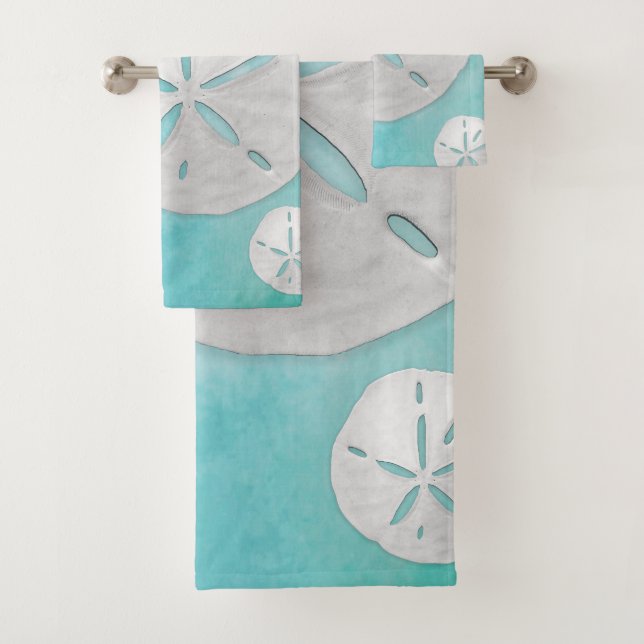 Tropical Beach Sand Dollar Turquoise Watercolor Bath Towel Set (Insitu)