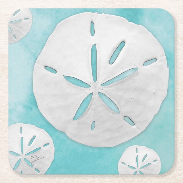 Tropical Beach Sand Dollar Turquoise Watercolor Square Paper Coaster (Front)