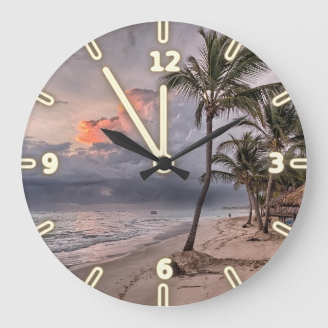 Tropical Beach,Sand Ocean Sky Palm,Sunset Large Clock (Front)