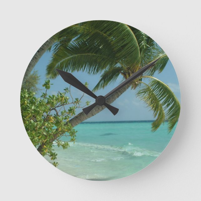 Tropical Beach Sand Sun Water Ocean Waves Surf Art Round Clock (Front)