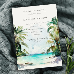Tropical Beach Sand Watercolor Palm Trees Birthday Invitation