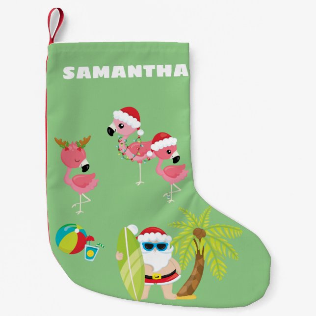 Tropical Beach Santa and Flamingos  Small Christmas Stocking (Front)