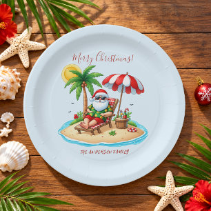 Tropical Beach & Santa Christmas Party Paper Plate