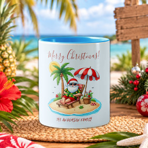 Tropical Beach & Santa Christmas Party Two-Tone Coffee Mug