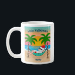 Tropical Beach Santa Mele Kalikimaka Christmas Coffee Mug<br><div class="desc">Tropical and coastal theme mug features Santa relaxing in a hammock on the beach, enjoying the ocean waves and a colourful sunset and festive palm trees decked out in string lights. The greeting says "Mele Kalikimaka" (Hawaiian Merry Christmas) in navy blue. Both lines of text can be personalised. Original artwork...</div>