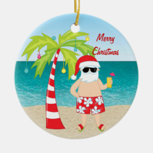 Tropical Beach Santa Palm Tree Christmas Ornament