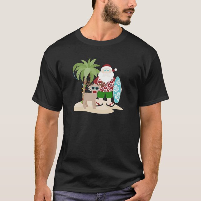 Tropical Beach Santa with Surfboard and Reindeer T-Shirt (Front)