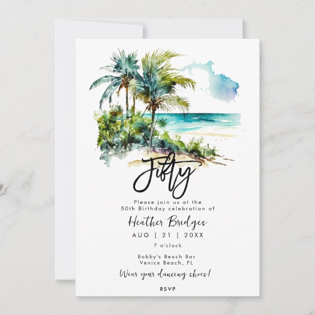 Tropical beach scene 50th birthday party invitation (Front)