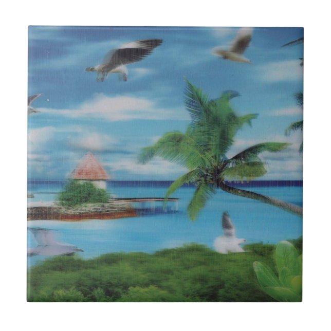 Tropical Beach Scene Art Print Ceramic Tile (Front)