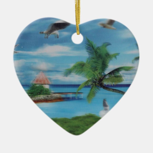 Tropical Beach Scene Art Print Ceramic Tree Decoration (Front)