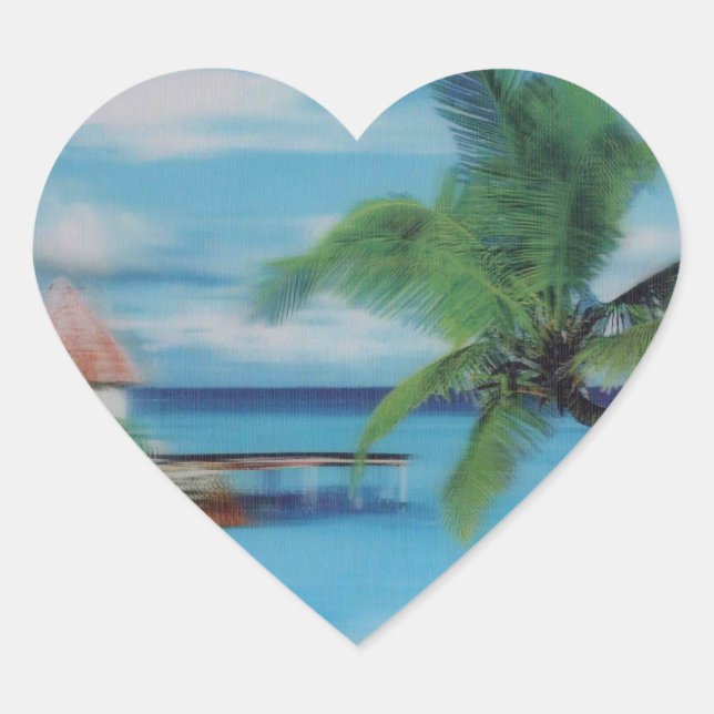 Tropical Beach Scene Art Print Heart Sticker (Front)