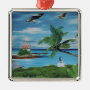 Tropical Beach Scene Art Print Metal Ornament