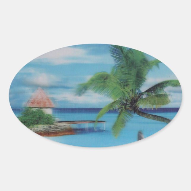 Tropical Beach Scene Art Print Oval Sticker (Front)