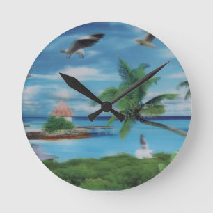 Tropical Beach Scene Art Print Round Clock