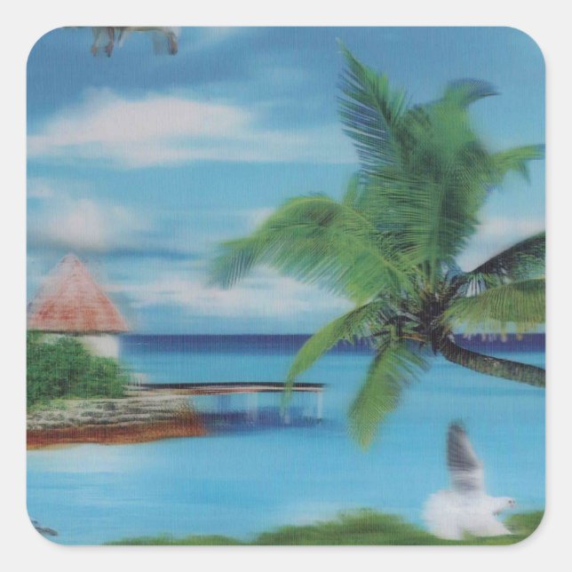 Tropical Beach Scene Art Print Square Sticker (Front)
