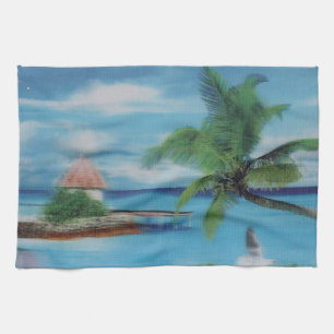 Tropical Beach Scene Art Print Tea Towel