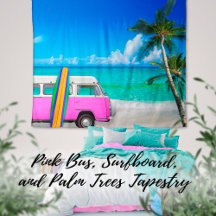 Tropical Beach Scene Fuchsia Pink Van & Surfboard