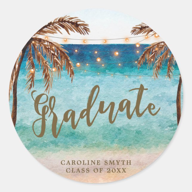 tropical beach scene graduation favours sticker (Front)