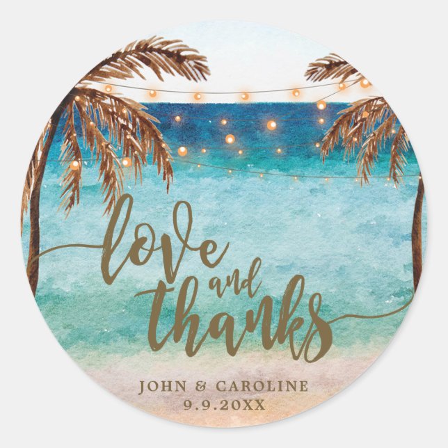 tropical beach scene love and thanks favour sticke classic round sticker (Front)