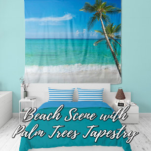 Tropical Beach Scene Palm Trees Backdrop Tapestry