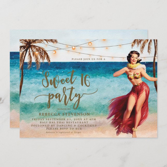 tropical beach scene sweet 16 party invitation (Front/Back)