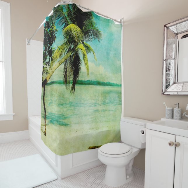 Tropical Beach Scene Vintage Painting Shower Curtain (In Situ)