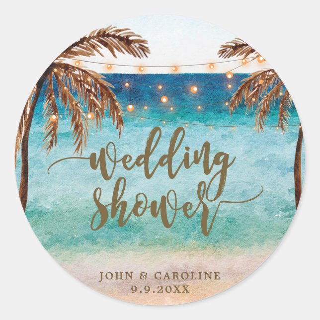 tropical beach scene wedding shower favour sticker (Front)