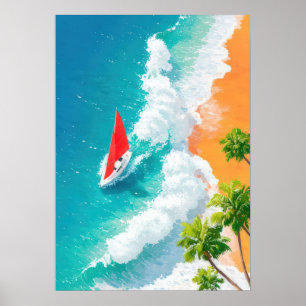 tropical beach scene with sailboat and waves poster