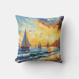 Tropical Beach Scene With Sailboats Cushion