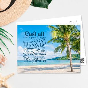Tropical Beach Scenery, 1 Peter 5:7 Bible Verse Postcard