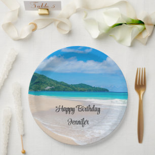 Tropical Beach Scenic Photo Birthday Paper Plate